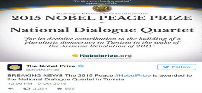 2015 Nobel Barış Ödülü Tunus Ulusal Diyalog Dörtlüsü’nün oldu