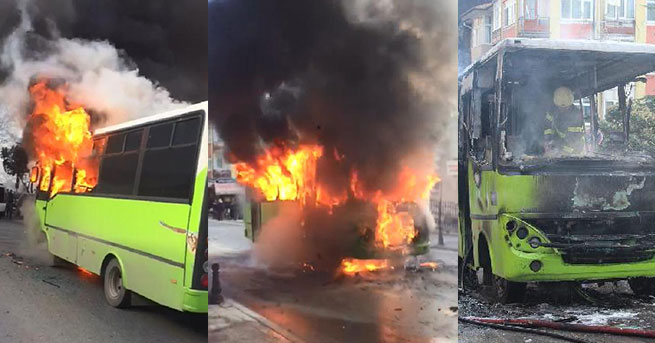 Arızalanan halk otobüsü alev alev yandı