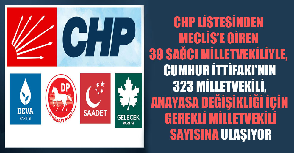 ‘CHP listesinden Meclis’e giren 39 sağcı milletvekiliyle, Cumhur İttifakı’nın 323 milletvekili, anayasa değişikliği için gerekli milletvekili sayısına ulaşıyor’