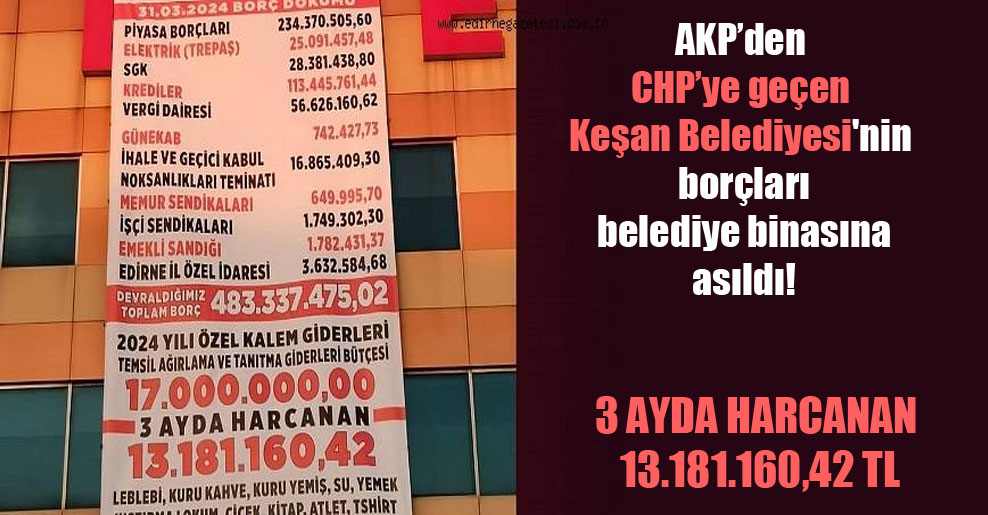 AKP’den CHP’ye geçen Keşan Belediyesi’nin borçları belediye binasına asıldı!